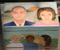 Hand painted wooden box with cover depicting LBJ and Lady Bird Johnson to commemorate Juneteenth and celebrate the legacy of African Americans by Veronique Zehnder Hahn at LBJ Museum. San Marcos, TX.