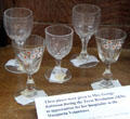 Stemmed glasses given to Mrs. George Robinson during Texas Revolution for her hospitality for Matagorda Volunteers at Gonzales Historical Memorial. Gonzales, TX.