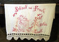 Embroidered & crochet tea towel in Breustedt kitchen at Museum of Texas Handmade Furniture. New Braunfels, TX.