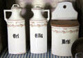 Oil, vinegar & honey ceramic containers in Breustedt kitchen at Museum of Texas Handmade Furniture. New Braunfels, TX.