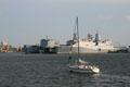 Cape Race navy cargo ship, USS Carter Hall & USS San Antonio amphibious transport dock in Norfolk harbor. Norfolk, VA.