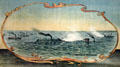 Detail of Monitor & Merrimac battle on poster for International Naval Rendezvous, Hampton Roads, at Moses Myers House museum. Norfolk, VA.