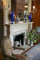 Blue Drawing Room mantle trimmed with then rare & expensive aluminum finishes at Maymont Mansion. Richmond, VA.