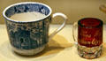Jamestown Exposition souvenir Old Church Tower cup & ruby-glass mug in Jamestown National Park Museum. Jamestown, VA.