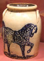 Stoneware jar painted with horse by J. Norton Pottery of Bennington, VT at Bennington Museum. Bennington, VT.