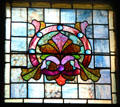 Stained glass window in west hall sitting area at Park-McCullough Historic Estate. North Bennington, VT.