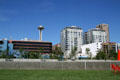 View across Olympic Sculpture Park to upscale residential buildings around Seattle Center. Seattle, WA.