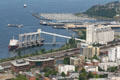 Rail tracks & Seattle grain elevator plus marinas beyond. Seattle, WA.