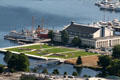 Historic Ship Wharf of Northwest Seaport Maritime Heritage Center & Seattle Armory in Lake Union Park seen from Space Needle. Seattle, WA