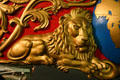 Carved male lion on Eastern Hemisphere circus wagon at Circus World Museum. Baraboo, WI.