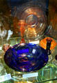 Amber & regal blue Fostoria glass bowls & candlesticks at Fostoria Glass Museum. Moundsville, WV.
