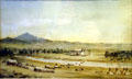Drawing of wagon train reaching Fort Laramie by W.H. Jackson at Scotts Bluff National Monument at Scotts Bluff National Monument. WY.