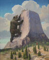 Indian legend of how Devils Tower got its vertical "claw marks" as ancient giant bear climbed the rock on painting by Herbert A. Collins. WY.