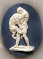 Wedgwood blue jasper plaque showing Hercules binding Cerberus at Lady Lever Art Gallery. Liverpool, England.