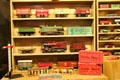 Collection of toy rail locomotives & cars at Museum of Liverpool. Liverpool, England.