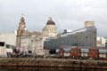 The Three Graces buildings & black glass Mann Island Buildings on Pier Head. Liverpool, England.