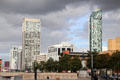 The Lexington & Beetham West Tower mark skyline along Princess Dock section of Mersey River. Liverpool, England.