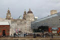 The Three Graces buildings & black glass Mann Island Buildings on Pier Head. Liverpool, England.