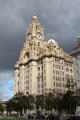 Royal Liver Building two clock towers crowned by mythical Liver Birds. Liverpool, England.