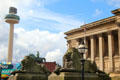 Radio City Tower over Lion statues at St George's Hall. Liverpool, England.