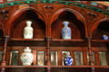 Display of porcelain jars on carved wood shelving in Winter Smoking Room at Cardiff Castle. Cardiff, Wales.