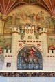 Chimneypiece sculpted by Thomas Nicholls & painted mural by Horatio Walter Lonsdale, close associate of William Burges, reflecting medieval history theme in Banqueting Hall at Cardiff Castle. Cardiff, Wales.