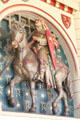 Chimney piece shows Robert Earl of Gloucester, Lord of Cardiff Castle & illegitimate son of Henry I, riding to battle in 12thC conflict known as Anarchy, in Banqueting Hall at Cardiff Castle. Cardiff, Wales.