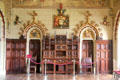 Ornate archways & wall plaques over doors leading from Banqueting Hall at Cardiff Castle. Cardiff, Wales.