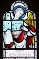 Stained glass window depicting Smyrna, one of the seven churches of Asia, from St John's Book of Revelations in Lord Bute's bedroom at Cardiff Castle. Cardiff, Wales.