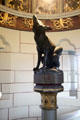 Statue of howling wolf atop centerpost of spiral staircase at Cardiff Castle. Cardiff, Wales.