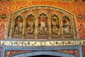 Carved figures holding scrolls in Greek, Hebraic, Assyrian, Hieroglyphics, & Runic in Library at Cardiff Castle. Cardiff, Wales.