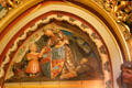 Carved figures in spiral staircase at Cardiff Castle. Cardiff, Wales.