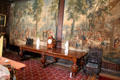 Music room with tapestry wall covering at St Fagans Castle. Cardiff, Wales.