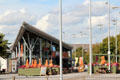 Modern restaurant building with outdoor seating at Cardiff Bay. Cardiff, Wales.