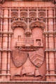 Terracotta panel with train engine & sailing ship on the Pierhead building at Cardiff Bay. Cardiff, Wales