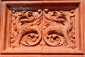 Terracotta panel carved with dragons on the Pierhead building at Cardiff Bay. Cardiff, Wales.