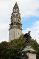 Clock tower on Cardiff City Hall & Ladysmith-Kimberly statue to memory of Welshmen who died during the Boer War in South Africa, sculpted by Albert Toft. Cardiff, Wales.