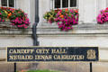 Sign for Cardiff City Hall in English & Welsh. Cardiff, Wales.