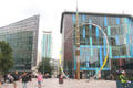 Alliance sculpture, where hoop contains liquid which rises & falls with movement of the tide, by Jean-Bernard Metais on Hayes Place in Cardiff City Centre. Cardiff, Wales.