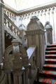 Grey stone Grand Staircase with many carvings at Penrhyn Castle. Bangor, Wales.