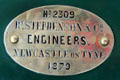 Makers plaque identifying R.S. Stephenson & Co., Newcastle on Tyne. on Haydock side tank locomotive at Penrhyn Castle Rail Museum. Bangor, Wales.