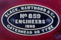 Makers plaque identifying Black, Hawthorn & Co on Kettering Furnaces No 3 at Penrhyn Castle Rail Museum. Bangor, Wales.