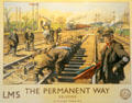 "The Permanent Way, Relaying" lithograph by Stanhope Forbes R.A.at Penrhyn Castle Rail Museum. Bangor, Wales.
