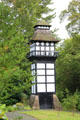 Black & white tower in gardens at Plas Newydd. Llangollen, Wales.