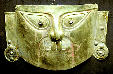 Lambayeque Mask with turquoise in Gold Museum, Lima. Peru.