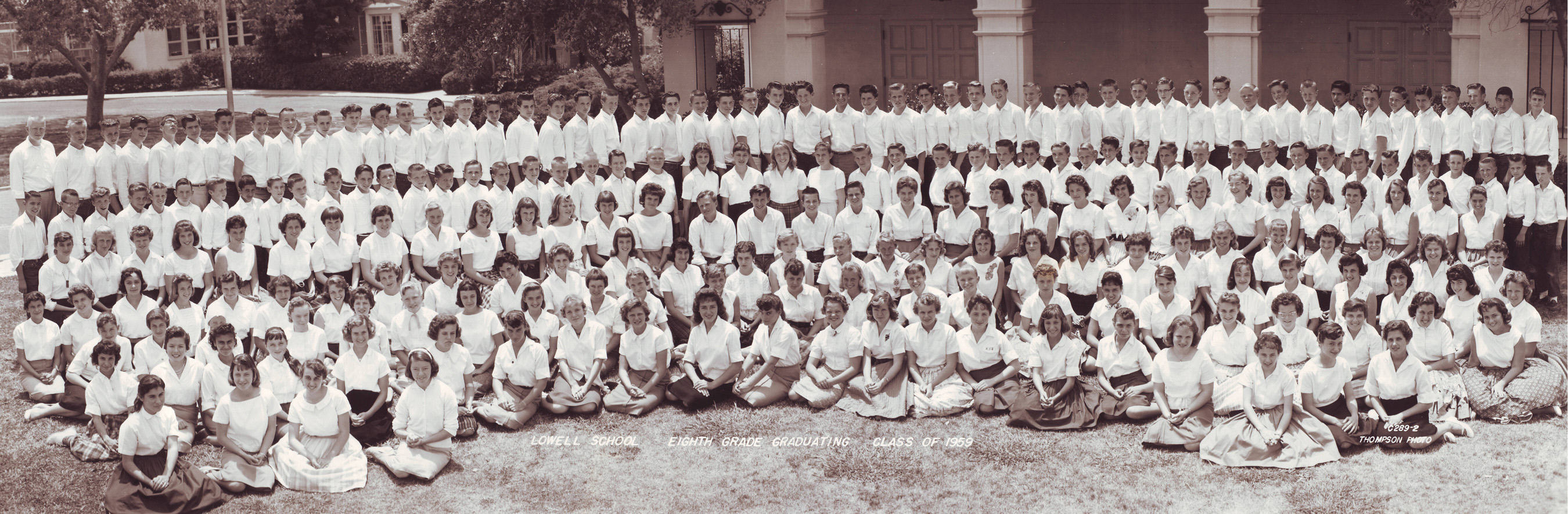 Panorama of graduating class of Lowell middle school of 1959 which went on to form some of the La Habra High School class.