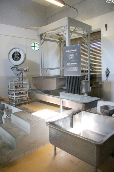 Cheese making equipment in Veenwouden dairy factory at Arnhem Openlucht Museum. Arnhem, Netherlands.