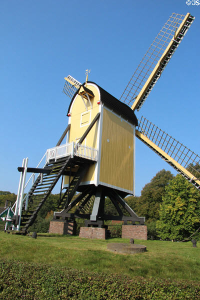 Post-Mill (c1665) from Huizen used to grind grain for 250 years reflecting the durability & efficiency of its design at Arnhem Openlucht Museum. Arnhem, Netherlands.