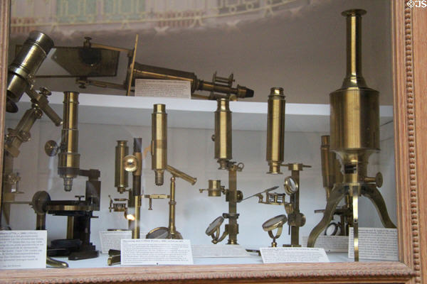Collection of antique brass microscopes at Teylers Museum. Haarlem, Netherlands.