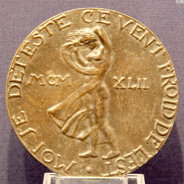 "I hate the cold wind from the East" medal, made in secret, symbolizing Dutch resistance movement during WWII commemorative medal (1942) made by Ludwig Wenckebach at Teylers Museum. Haarlem, Netherlands.